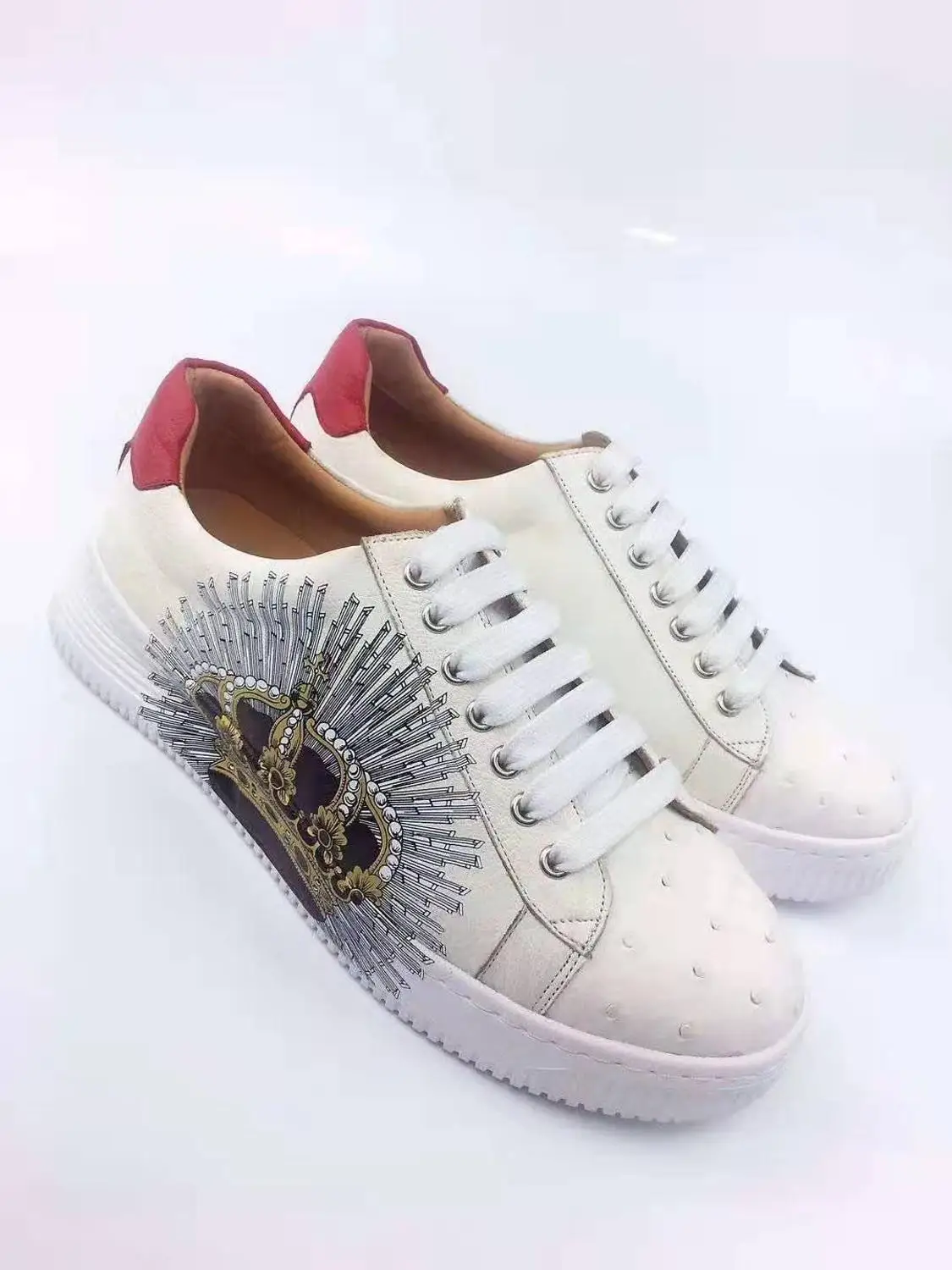 new production real genuine ostrich skin white color fashion sneaker shoe with genuine cowhide skin lining