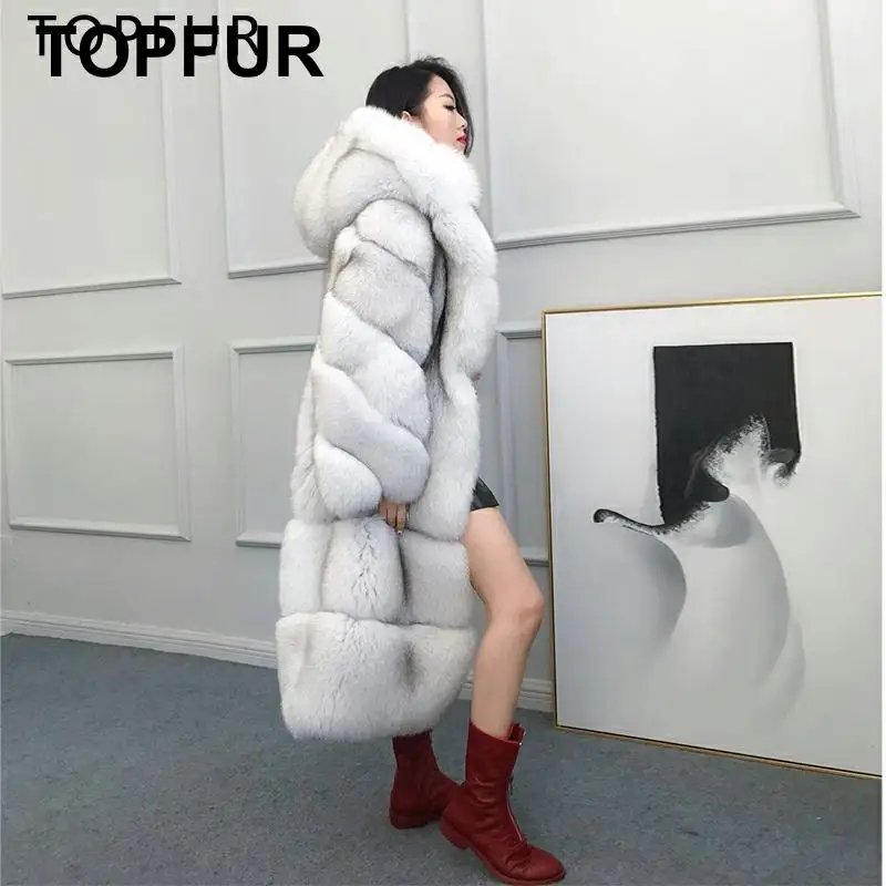 TOPFUR, новая мода, зимние женские длинные пальто с капюшоном, натуральный мех, пальто для женщин, натуральный мех голубой лисы, верхняя одежда и пальто длинные