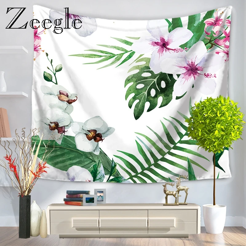 Zeegle Floral Leaves Printed Large Wall Tapestry Polyester Wall Hanging Bohemian Wall Tapestries Mandala Wall Art Decor