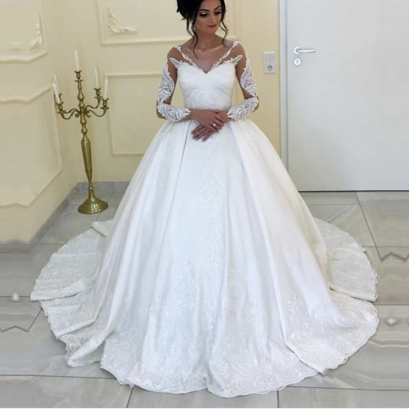 

Vestido de Noiva Tulle Long Sleeve V Neck Wedding Dress 2020 Full Appliques Lace Bridal Gowns Custom Made Princess Bride Dresses