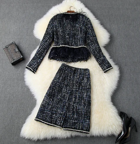 Осенняя и зимняя женская новая твидовая куртка с длинными рукавами и кисточками+ тонкая юбка с бисером set3719