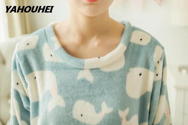 

2019 Women Pajamas Set Autumn Winter Thick Flannel Full Trousers Lady Two Piece Pajama Set Cartoon Print Home Clothing Pyjamas
