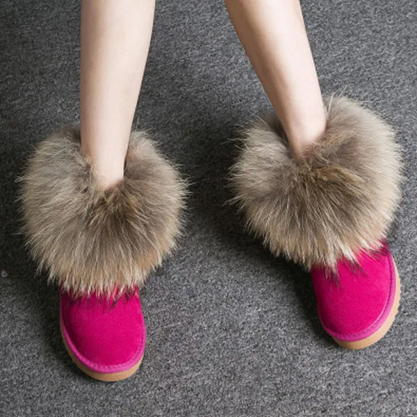 Женские ботинки из натуральной кожи с натуральным лисьим мехом; брендовая зимняя обувь; теплые черные повседневные женские зимние сапоги с круглым носком размера плюс; Новое поступление - Цвет: Rose Red Shoes