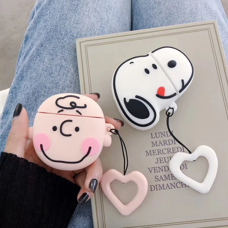 

Cartoon Charlie Funny Dog Bluetooth Headphone Case Wireless Charging Box Soft Silicone Earphone Cover for AirPods 1 2 Ring Strap
