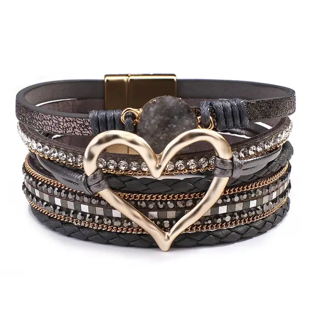Amorcome Fashion Braided Leather Wrap Bracelets Bangles Multilayer Resin Stone Hollow Heart Charm Bracelets Women Gift Pulseira 3