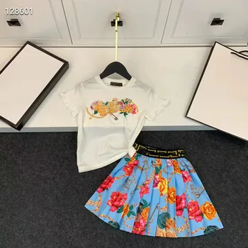 

2020 Summer Cotton White Top Letter Pattern+Colorful Flower Blue Skirt Clothing Set For Girl Kids Cotton Party Clothing Set
