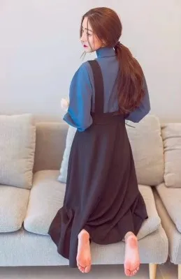 Camisa e Cinta Vestido de Duas Blusa e Cintura Moda Retro Estilo Francês Vestido Feminino Peças Conjunto Puff Manga Alta Magro Outfits F2859 36 Terninho com saia