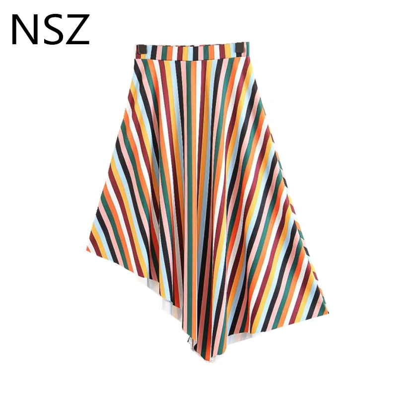 

NSZ Women Colorful Stripe Rainbow Asymmetry Skirt High Waist Summer Midi Skirt Fashion A-Line Irregular Skirts