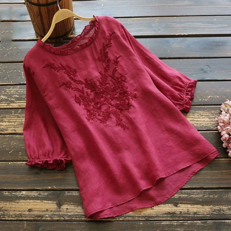 

Cotton Linen Summer Top Plus size Shirt Elegant Female Blouse Women Ruffle Ladies Embroidered Tees Clothes Loose Casual