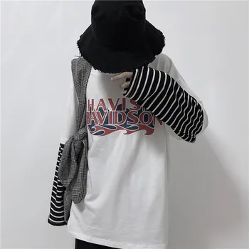 

Focal20 Streetwear Flame Letter Women T Shirt Top Tee Stripe Fake 2 Pieces Women T Shirts Patchwork Women T-shirts Top Tees