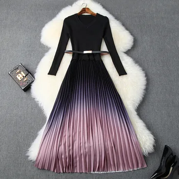 

Goodlishowsi 2019 Autumn Sweater Patchwork Women Pleated Dress Gradient Color V-Neck Slim Belt Long Sleeve A-Line Dress
