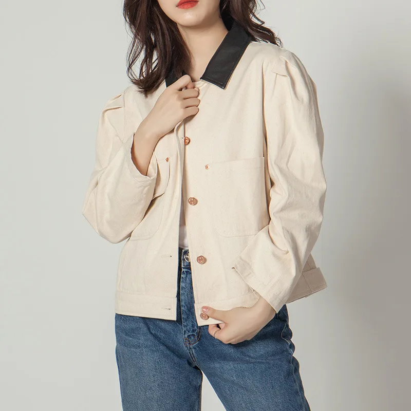 

[Xi yue] Designer WOMEN'S Dress 2019 Autumn New Style Contrast Color Collar Palace Puff Sleeve Bomber Jacket Coat Women's