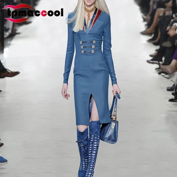 

Tpmaccool luxury designer women HIGH END runway Socialite Women's Clothing 2020 Early Spring New Navy Style Long party Dress