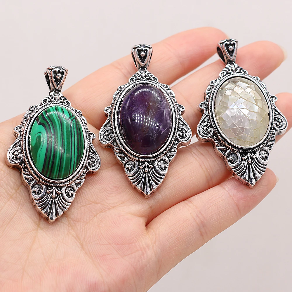 New Vintage Abalone Shell Pendants Charms Elliptical Malachite Amethysts Pendant for Jewelry Making DIY Necklace Accessories 4