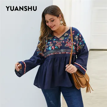 

YUANSHU Cotton Linen Plus Size Women Blouse Embroidery Ruffles Long Sleeve Tops V Neck Oversized Ladies Tops XL-4XL Large Size