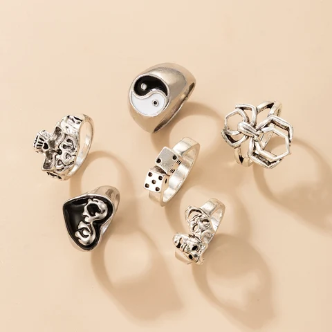 6pcs/sets Punk Tai Chi Spider Ring Sets for Women Men New Heart Skull Dice Hollow Out Geometry INS Jewelry кольца 19783