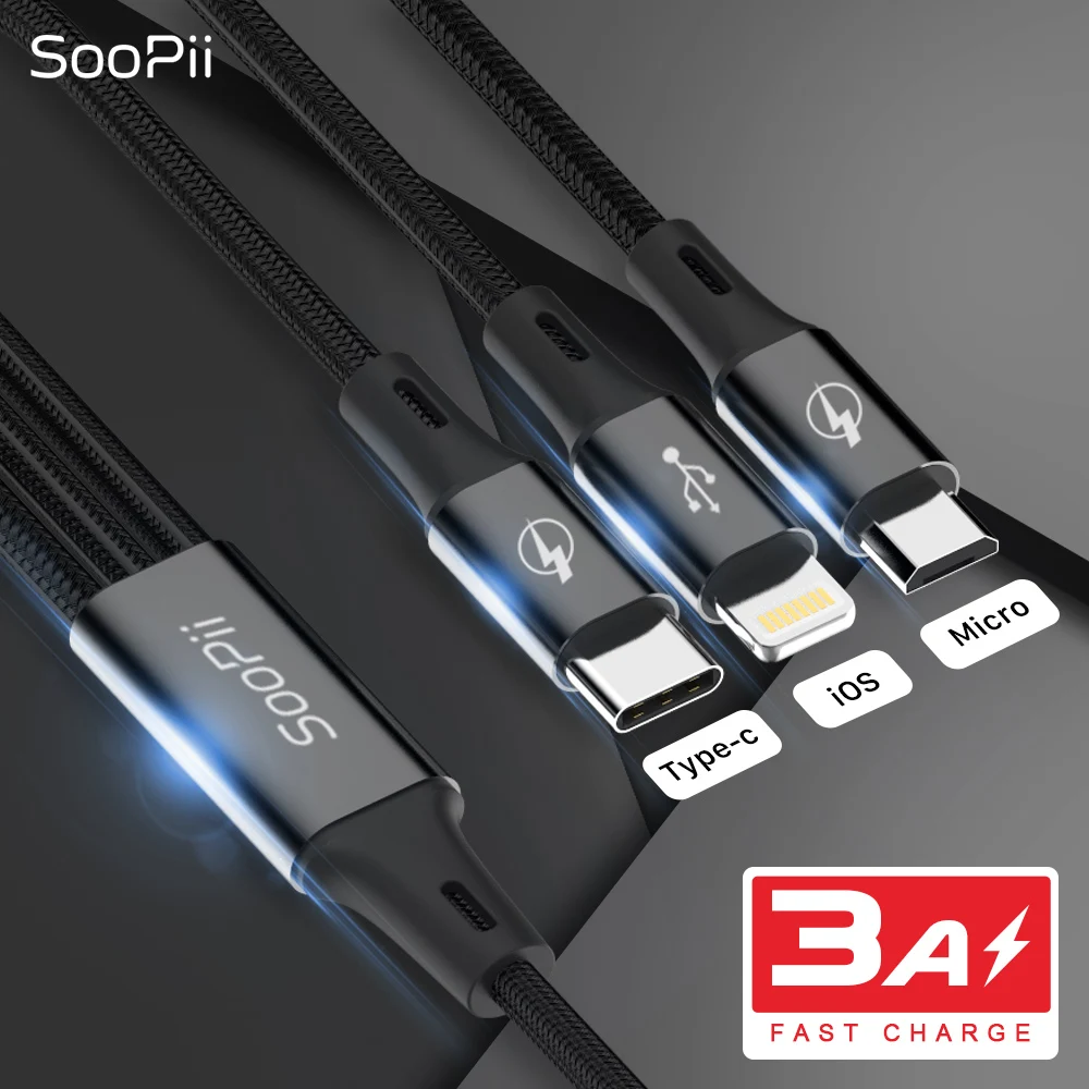 SooPii 0,3 м/1,2 м 3 в 1 USB кабель для Iphone Micro USB кабель для устройств Android type-c 3A кабель для быстрой зарядки для samsung S9