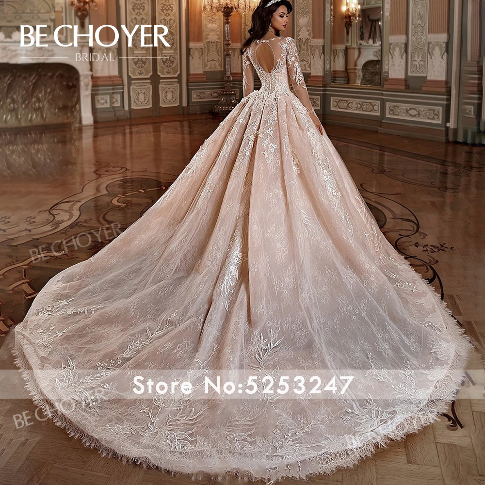 Модное свадебное платье с аппликацией BECHOYER N229, бальное платье на шнуровке с длинным рукавом, украшенное бисером, платье для невесты принцессы, Vestido de Noiva