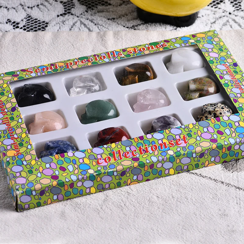 12-in-1 Set Gift Box Skull Crystal Mineral Ornament Crystal Sculpture Carving Piece Home Decoration Halloween and DIY Gifts
