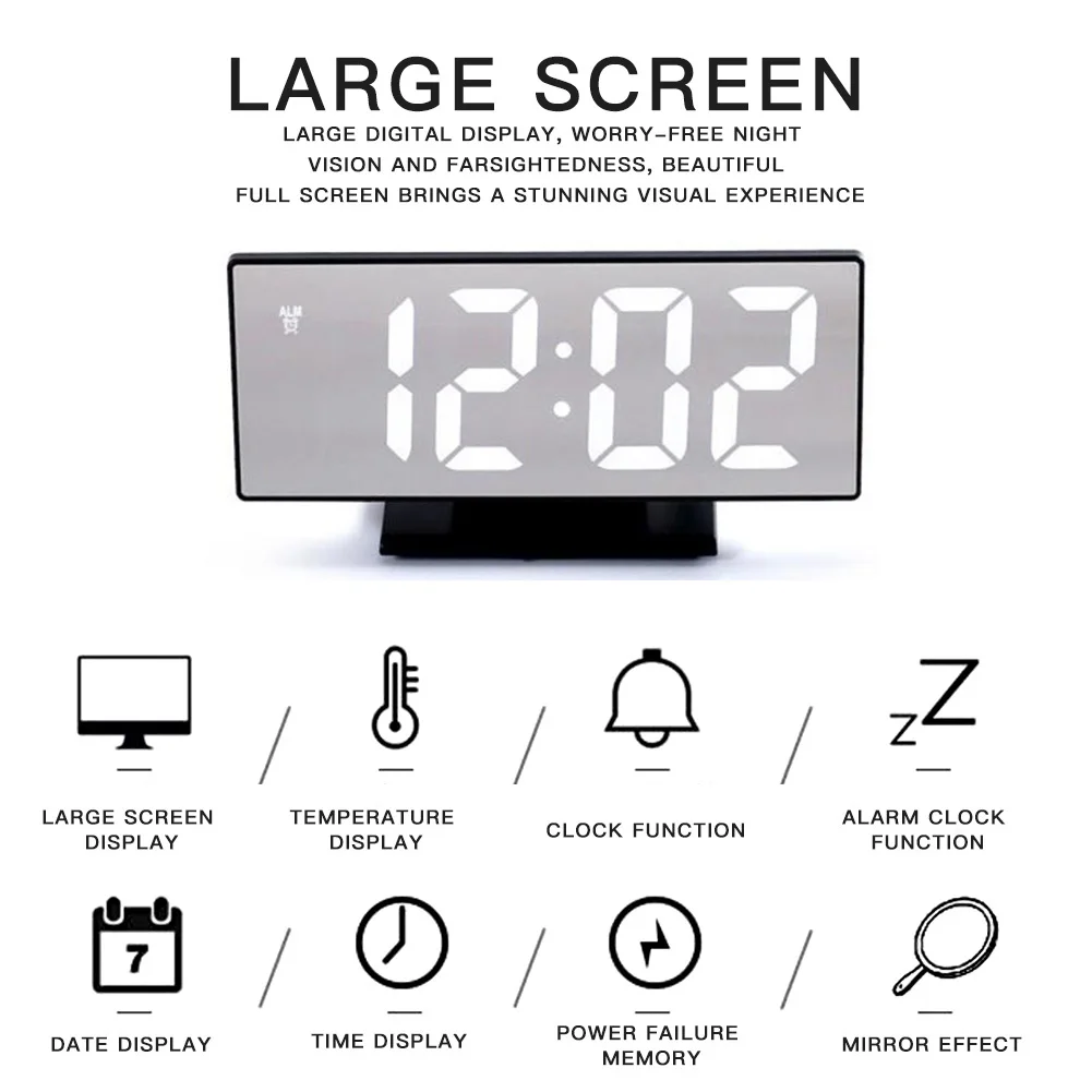 Цифровой светодиодный будильник с зеркалом многофункциональные настольные часы