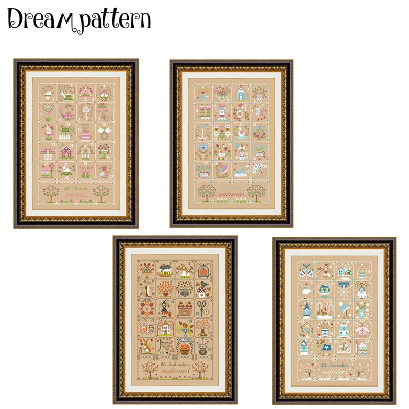 Autumn Calendar Cross Stitch Kit 4 Seasons 18ct 14ct 11ct Flaxen Linen Fabric Cloth Cotton Thread Embroidery DIY Handmade