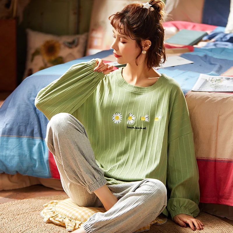 Осенняя 100% Хлопковая женская одежда для сна с длинным рукавом свободная зеленая