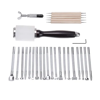 

27pcs Leather Working Puncher Stamp Carving Craft + Hammer + Swivel Tool Cutter Carving Working Stitching Leathercraft Tool Set