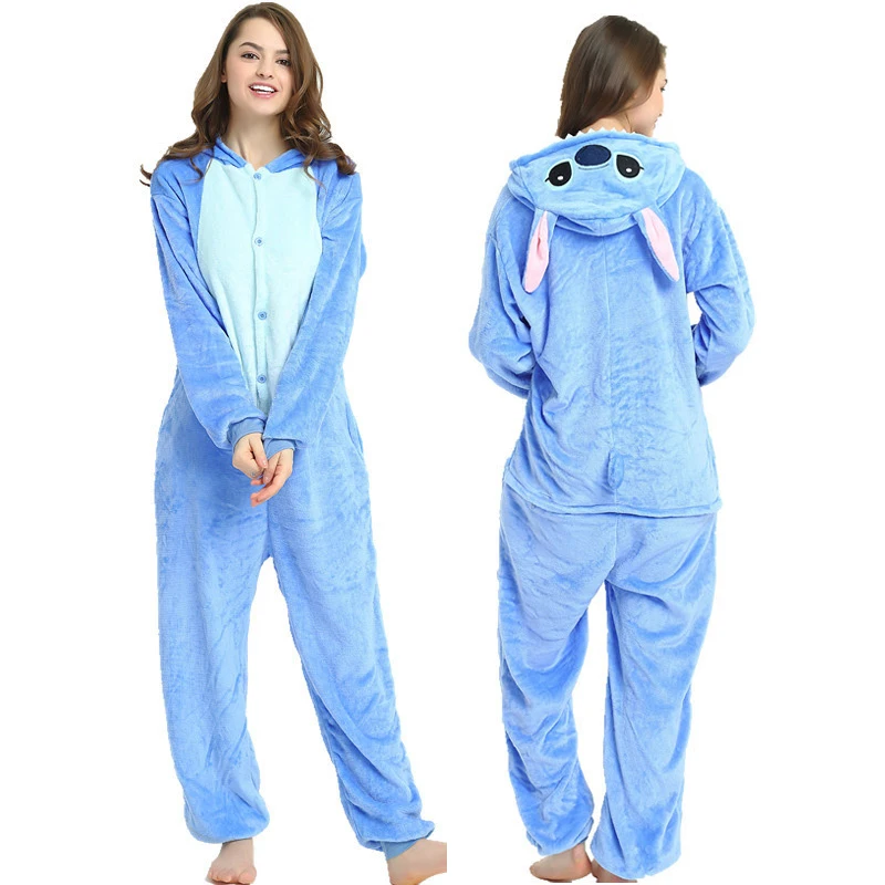 Пижамы для взрослых с изображением животных единорога; костюм Кигуруми для женщин и мужчин с рисунком панды; зимние фланелевые комбинезоны унисекс; одежда для сна с изображением единорога - Цвет: Blue Stitch