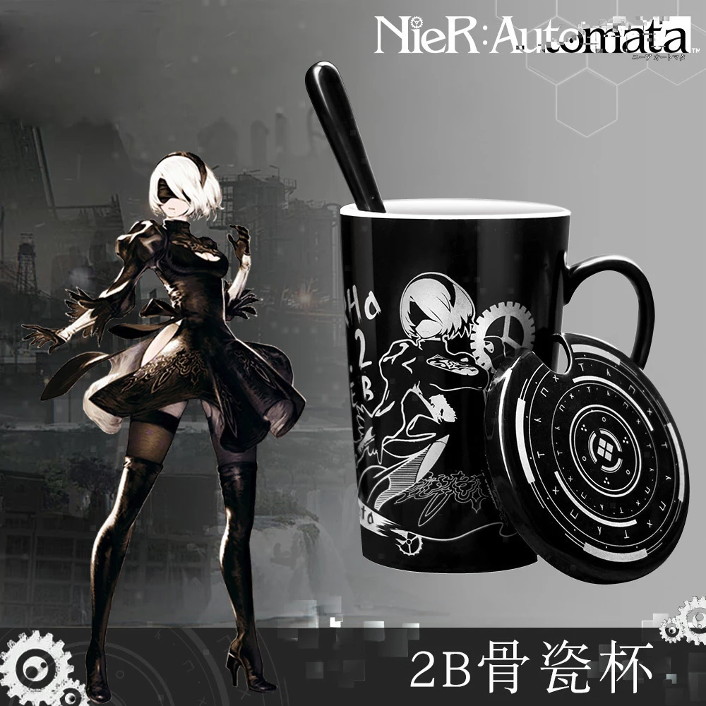 

Anime NieR:Automata 2 Type B Cosplay Water Cup Daily Ceramic Coffee Mug Cup+Spoon+Cup lid Men Women Collection Xmas Gift
