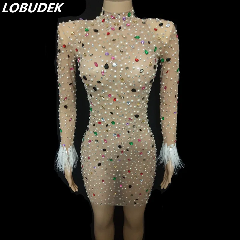 

Colorful Rhinestones Transparent Mesh Dress Luxury Birthday Prom Crystals Outfits For Women Nightclub Bar Singer Stage Costume