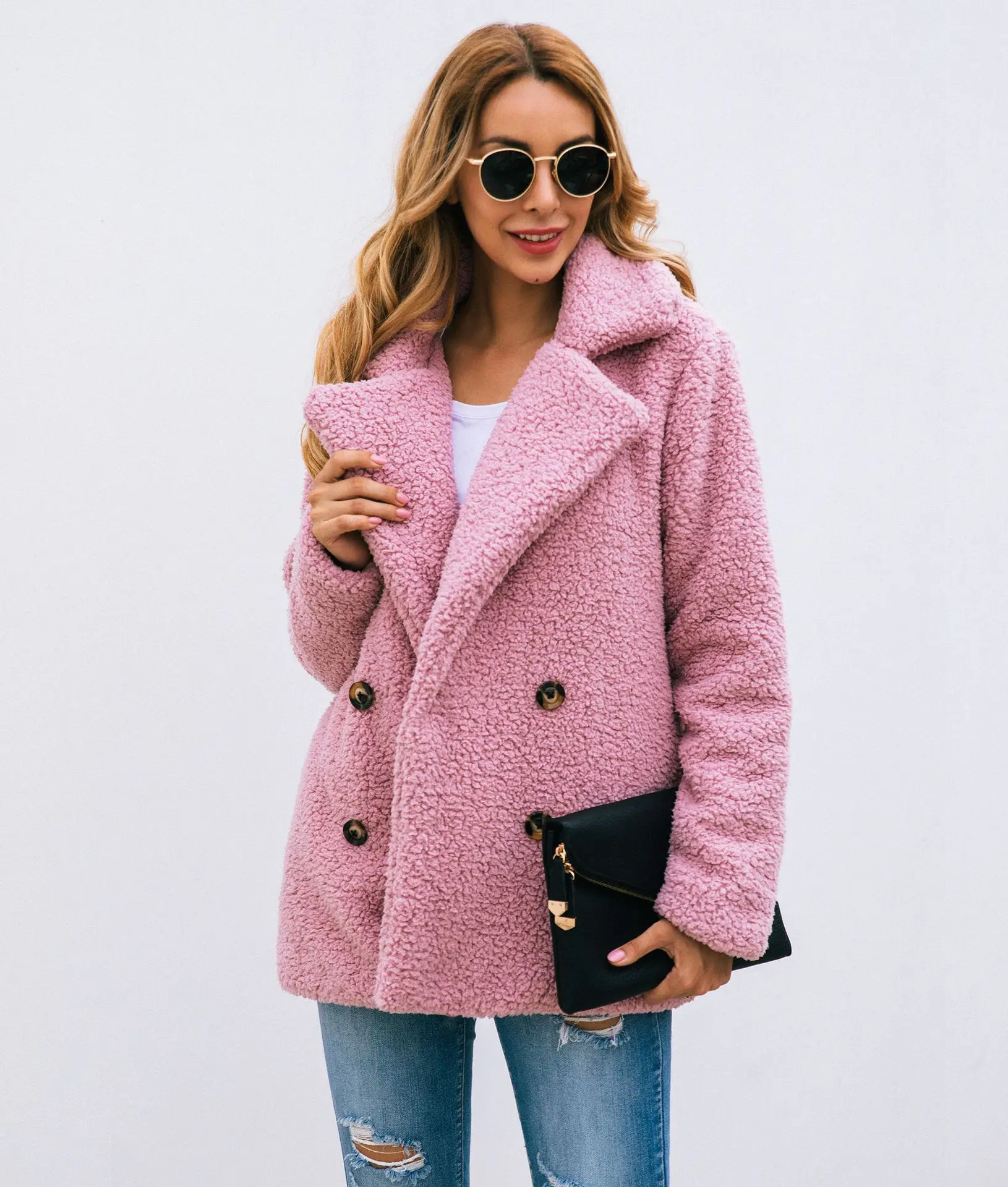 Женское пальто повседневная с отворотом флисовая пушистая искусственная овечья шерсть на пуговицах теплая зимняя одежда оверсайз куртки с карманами дропшиппинг