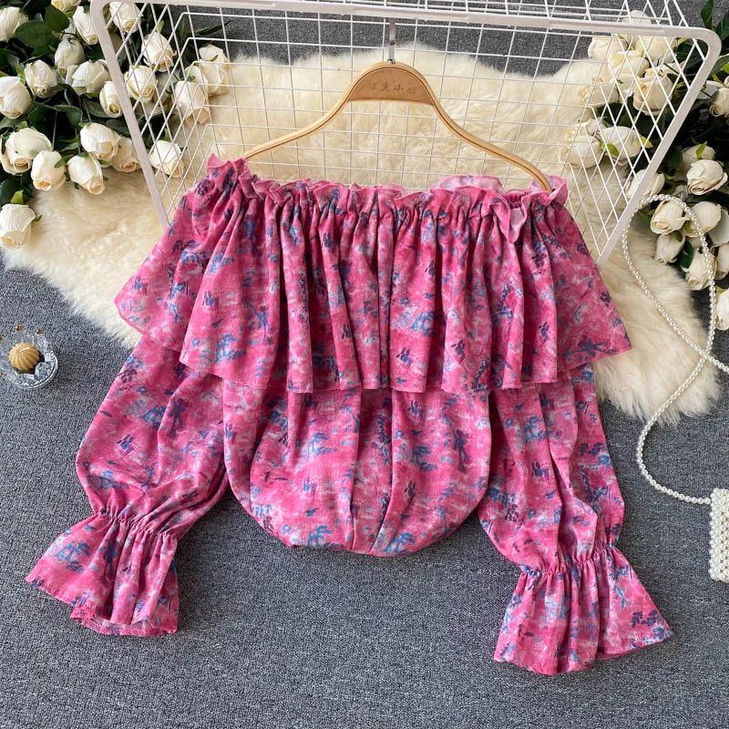Slash Neck Ruffles Patched Off Shoulder Shirt Sweet Girl Summer Tops Vintage Floral Print Puff Sleeve Blusas Mujer Women Blouse | Женская