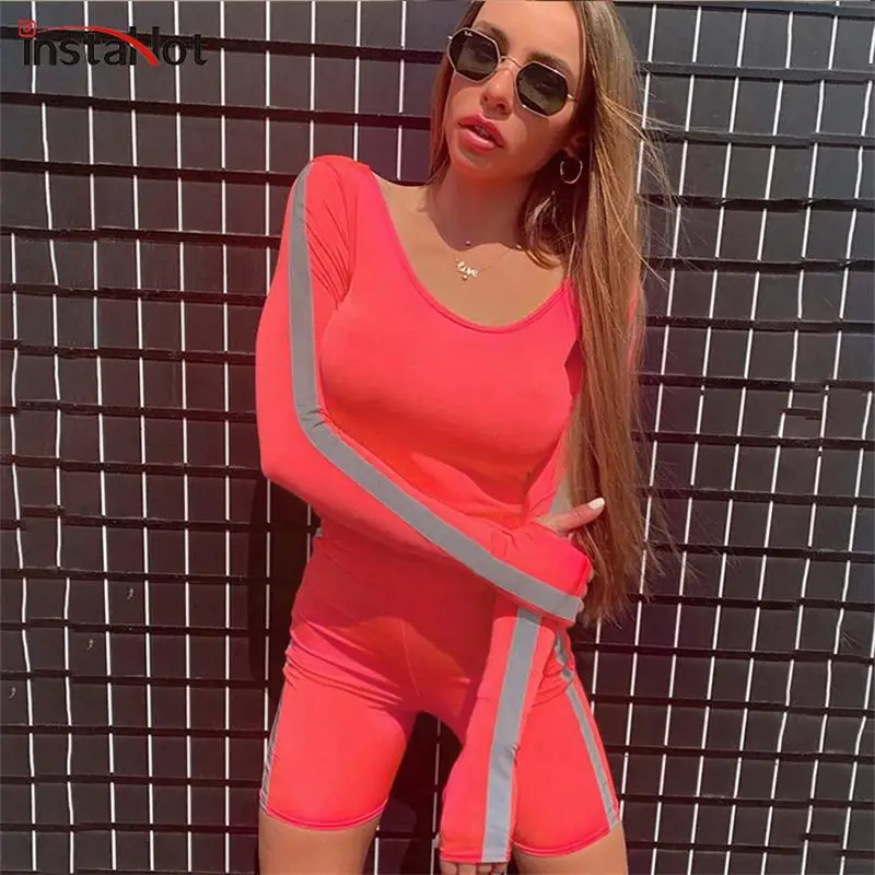 

InstaHot Reflective Flash Strip Side Two Piece Sets O-neck Long Sleeve Elastic Waist Shorts Autumn Casual Streetwear 2Piece Set