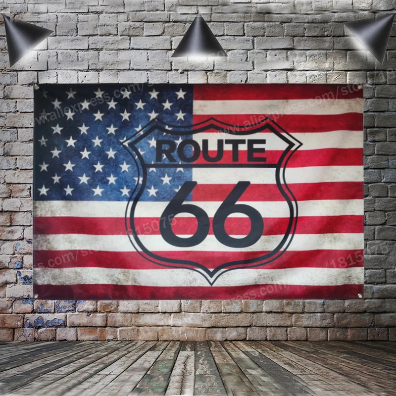 Route 66 Moto Biker Rider Retro Usa Flag Banner Art Home Decoration Hanging Flag 4 Gromments Negli Angoli 3 * 5Ft 144Cm * 96Cm