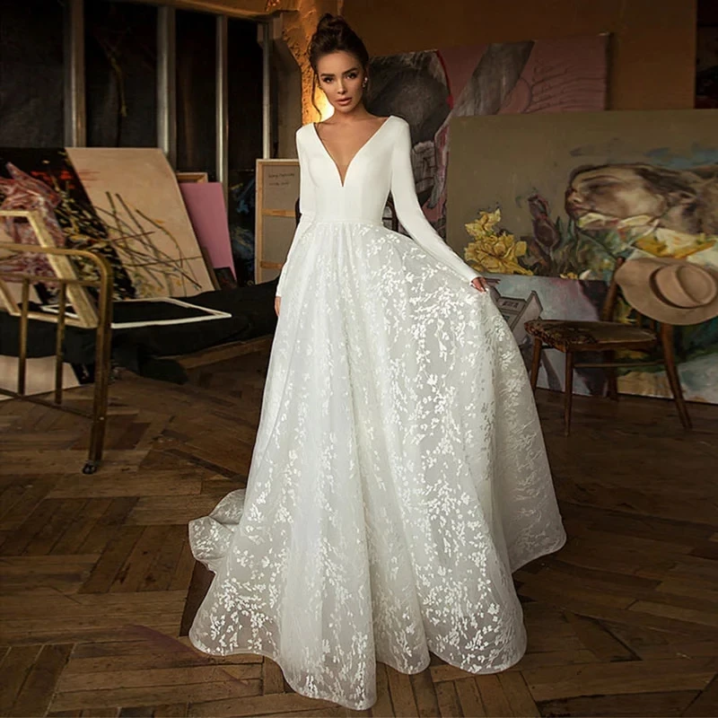 deep v satin wedding dress