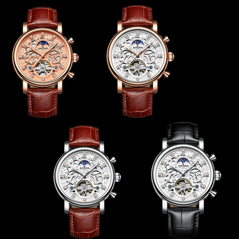 KINYUED Watches Men Fashion Brand Skeleton Automatic Mechanical Watch Man Wateproof Leather Moon Phase Calendar Wristwatch Man
