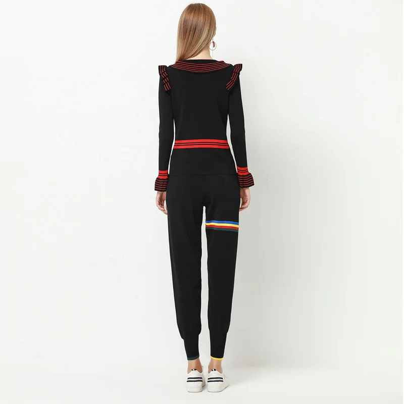 Высококачественный комплект женской одежды полосатый кардиган с длинными рукавами и оборками модный вязаный свитер+ брюки комплект из двух предметов