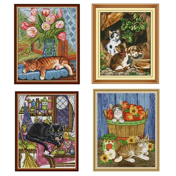

Joy Sunday Eco Cotton Printed Cross Stitch Kit Cute Cat Series DMC 14CT11CT Chinese Embroidery Kit DIY Christmas Decoration Gift
