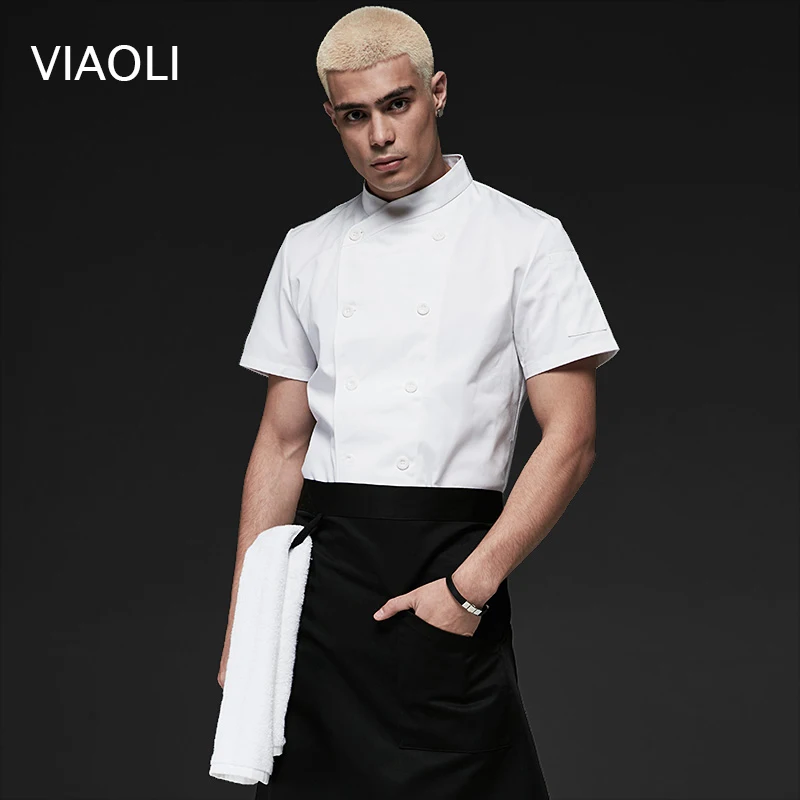 

Wholesale Black White Unisex Kitchen Chef Uniform Short Sleeve Double Breasted Cook Wear Chef Jacket Hotel Uniform Food Service