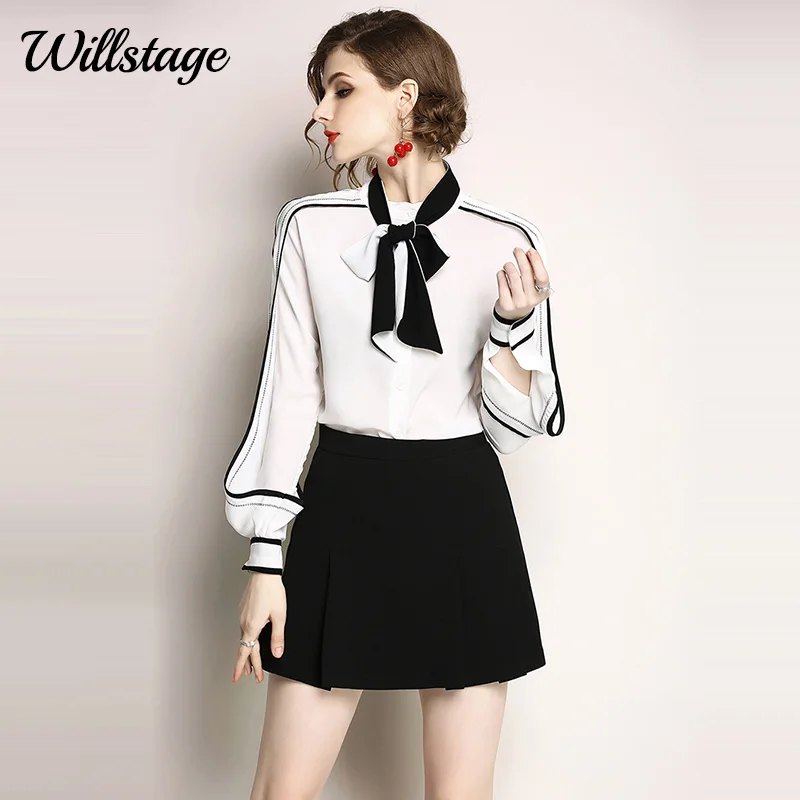 Willstage/белые рубашки для женщин, шифоновая блузка с длинными рукавами и оборками, с бантом, со шнуровкой, в стиле пэчворк, формальная рубашка, новые осенние Топы