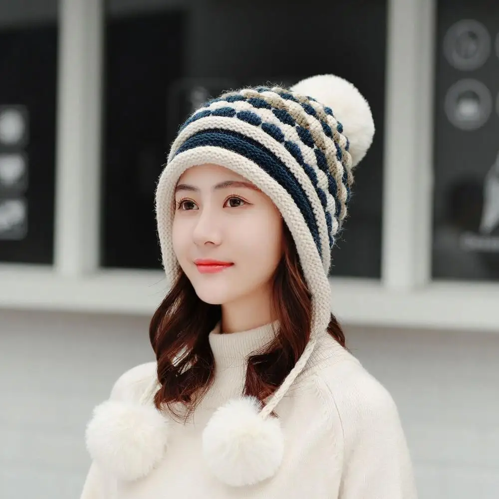 beige hat Теплая вязаная шапка для женщин, зимние модные шапочки, милая шапка, бархатная шерстяная шапка, Женская Толстая вязаная шапка, шарф - Цвет: beige hat