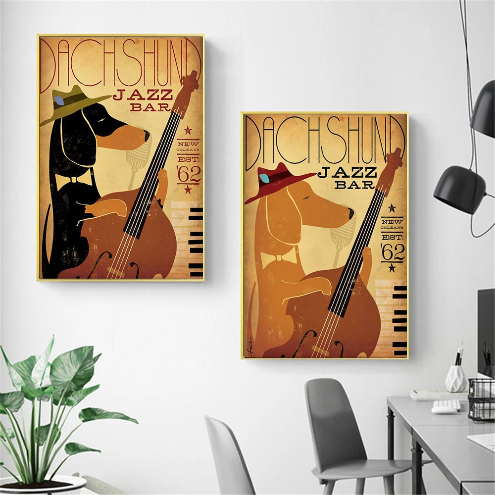 

Wall Art Retro Music Dog Funny Animals Dachshund Jazz Bar Decor Wall Pictures for Living Room Home Decor Canvas Painting Cuadros