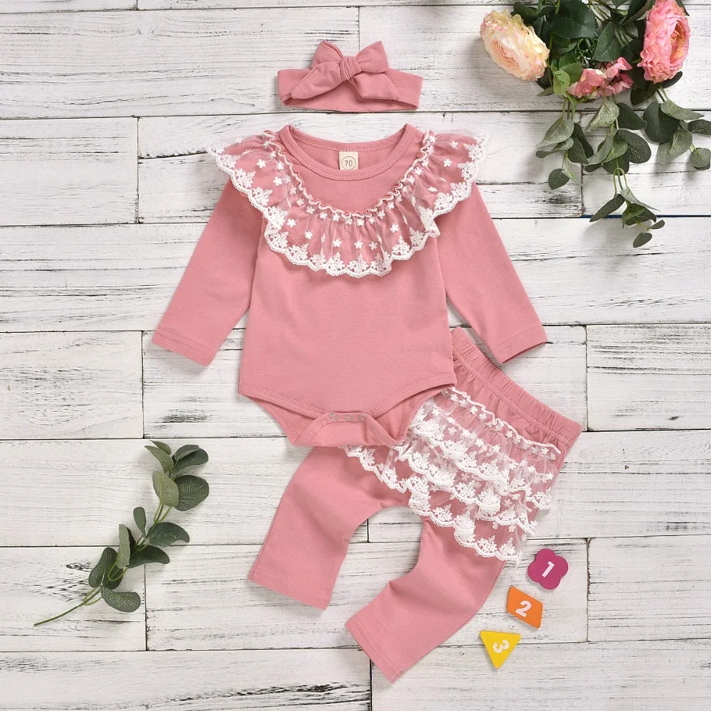 3PCS Toddler Kids Baby Girl Infant Clothes T-shirt Lace Top Romper Pants Outfit Clothing