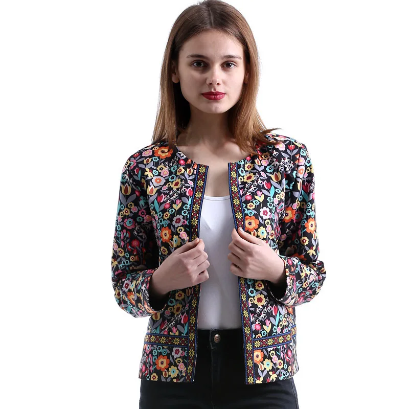 Женская куртка с цветочным принтом и круглым вырезом, Женская осенне-зимняя классная форма, Европейская Женская шикарная куртка-бомбер, Женская Черная Куртка LS117 - Цвет: Flower