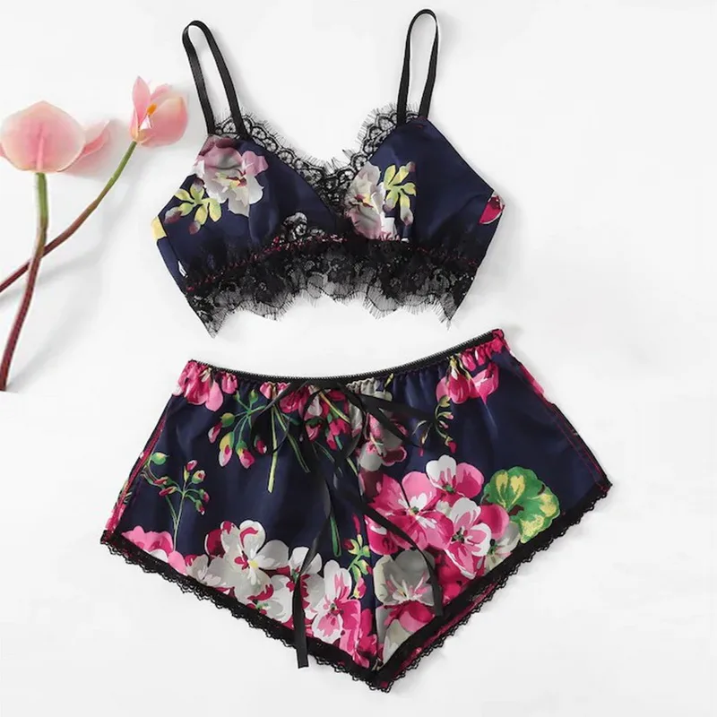 

LOOZYKIT 2pcs Pajamas Sets Sleepwear Women Sexy Sleeveless Floral Printed Push Up Yoga Suit Sling Shorts Padded Vests Plus Size