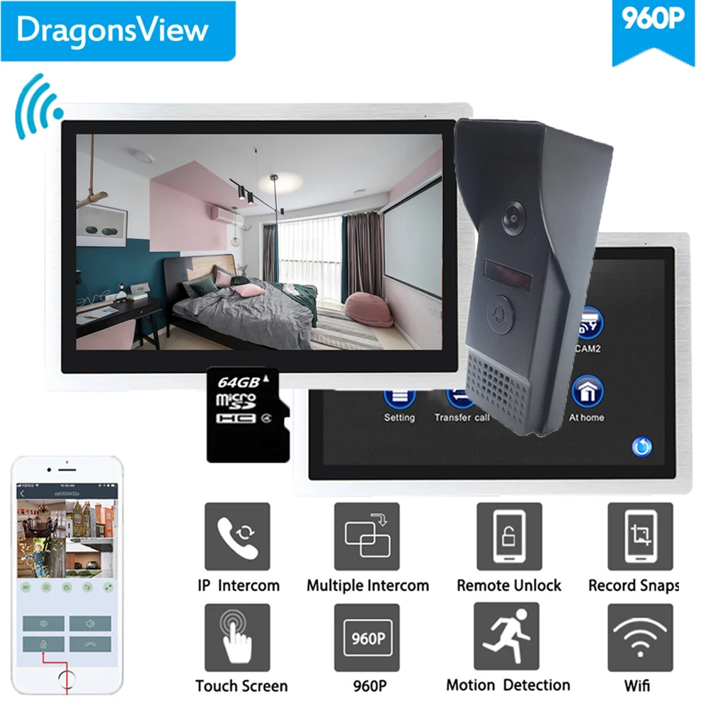 Dragonsview 10 дюймов видеодомофон дверной звонок Wifi система 960P HD 2 монитора и 1