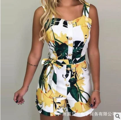 Printed jumpsuit 2020 Europe and the United States New Printed One-Piece Shorts-No Positioning Print-With Belt