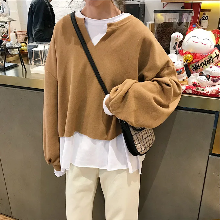 Harajuku корейские шикарные свитшоты в стиле пэчворк женские осенние уличные рукава летучая мышь поддельные два предмета толстовки студенческие свободные топы