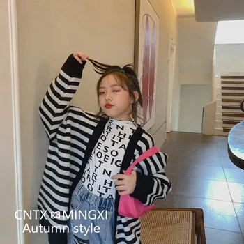 

2020 autumn new children's sweater female children's striped wool cardigan black and white striped mid-length