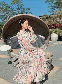 

Women's dress 2020 summer new floral long stand collar collar lantern sleeve long sleeve high waist big swing color dress